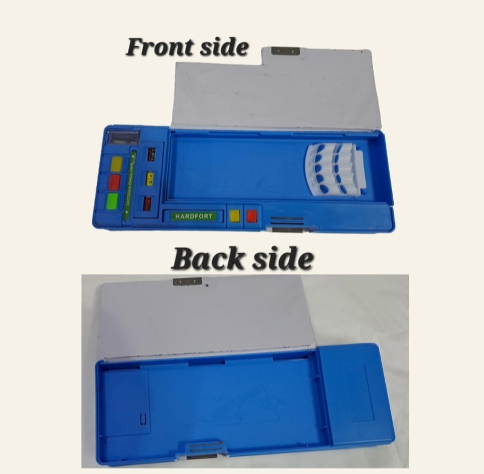 Fancy Magnetix Pencil Box Double Sided 5 buttons Magnetic Lock Fancy Pencil Box for Boys & Girls - Thermameter Calender Sharpener Included Cartoon Printed