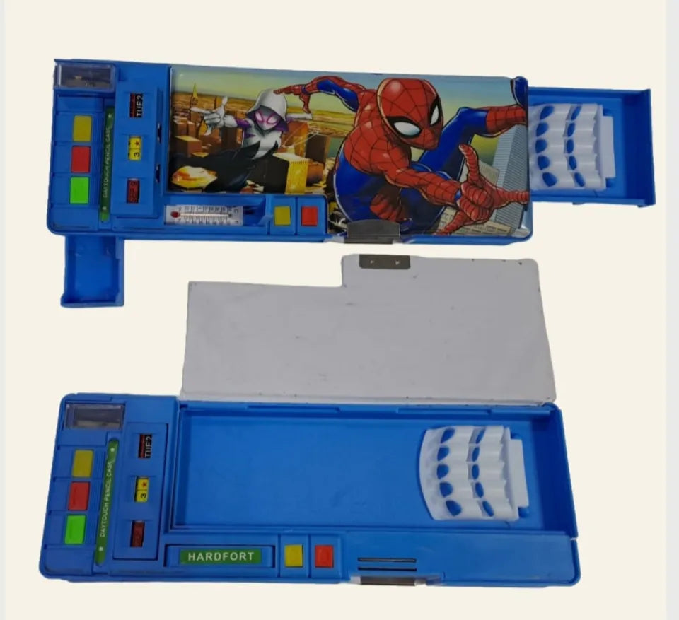 Fancy Magnetix Pencil Box Double Sided 5 buttons Magnetic Lock Fancy Pencil Box for Boys & Girls - Thermameter  Calender Sharpener Included Cartoon Printed