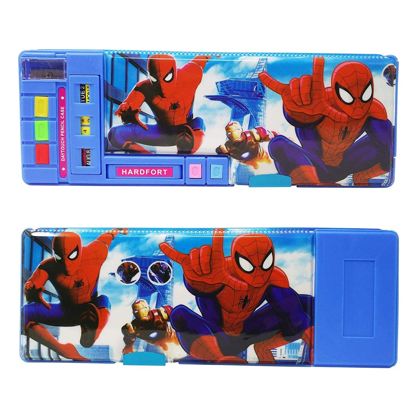 Fancy Magnetix Pencil Box Double Sided 5 buttons Magnetic Lock Fancy Pencil Box for Boys & Girls - Thermameter  Calender Sharpener Included Cartoon Printed