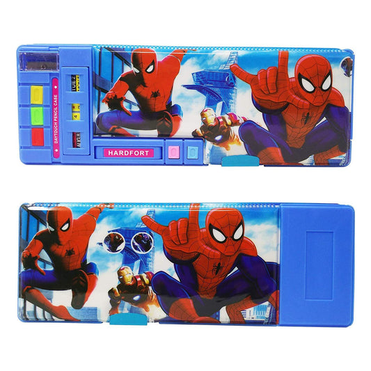 Fancy Magnetix Pencil Box Double Sided 5 buttons Magnetic Lock Fancy Pencil Box for Boys & Girls - Thermameter  Calender Sharpener Included Cartoon Printed